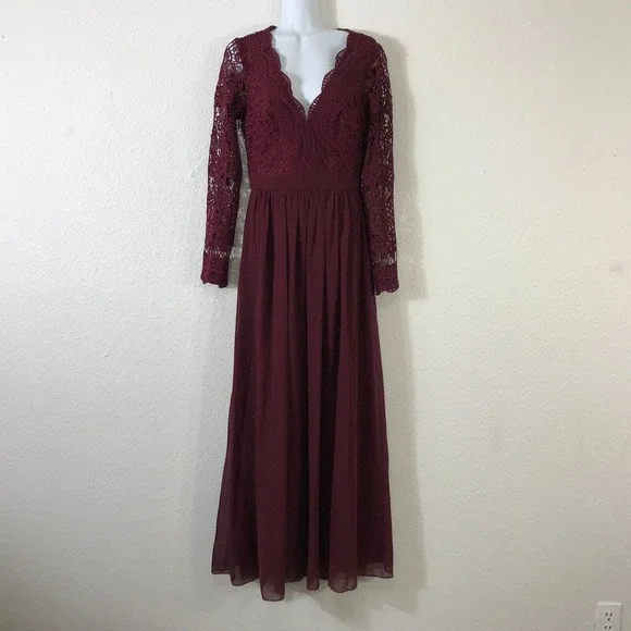 Lulus | Dresses | Lulus Awaken My Love Burgundy Long Sleeve Maxi Dress Size  S Chiffon Crochet | Poshmark